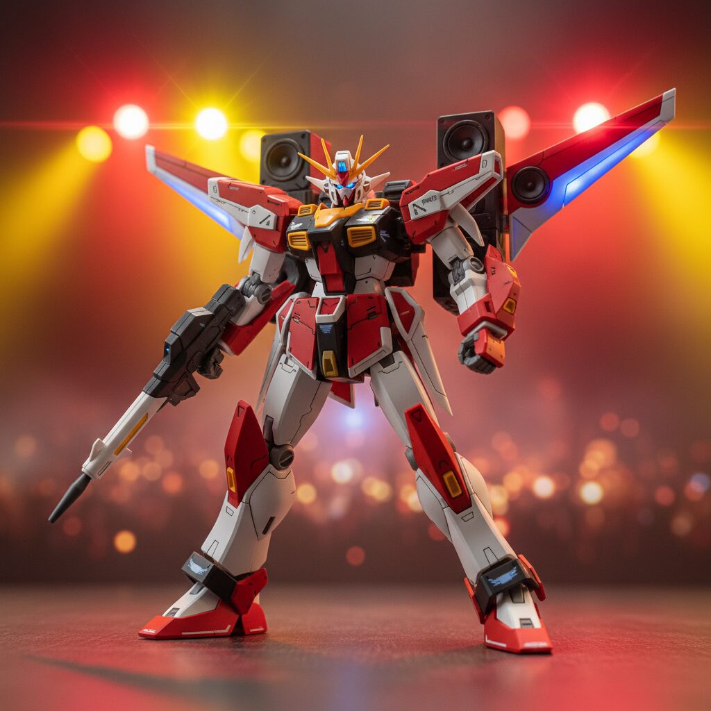 マクロス7の主役機VF-19改 ファイヤーバルキリーのプラモデル（HG 1/100 サウンドブースター装備）をバトロイド形態でダイナミックに写した写真。背景にはライブ会場のような照明がある。
