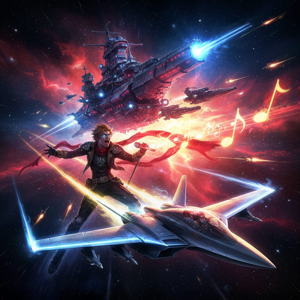 戦艦を背景に歌うバサラを思わせる戦闘機とロックの要素を組み合わせたダイナミックなイラスト