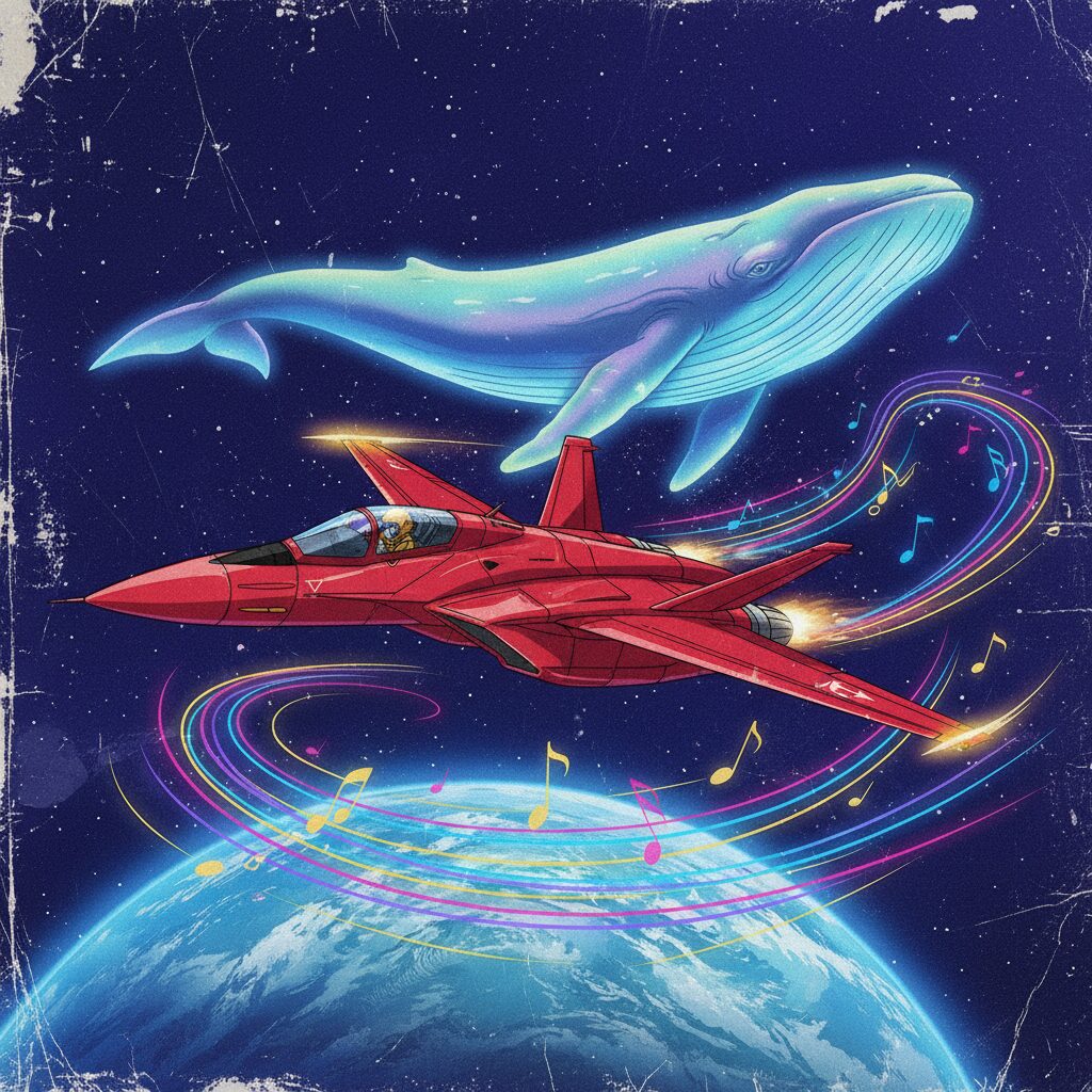 宇宙空間を飛ぶ赤いバルキリーと巨大な銀河クジラを描いたマクロスダイナマイト7のアイキャッチ画像。