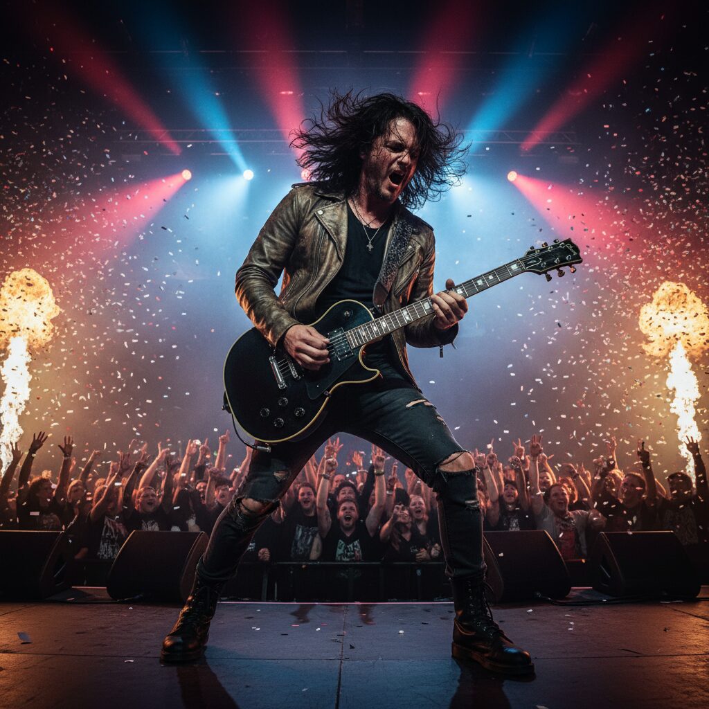 ステージ上でギターをかき鳴らす情熱的なロッカーの姿。熱狂的な観客と派手な照明。