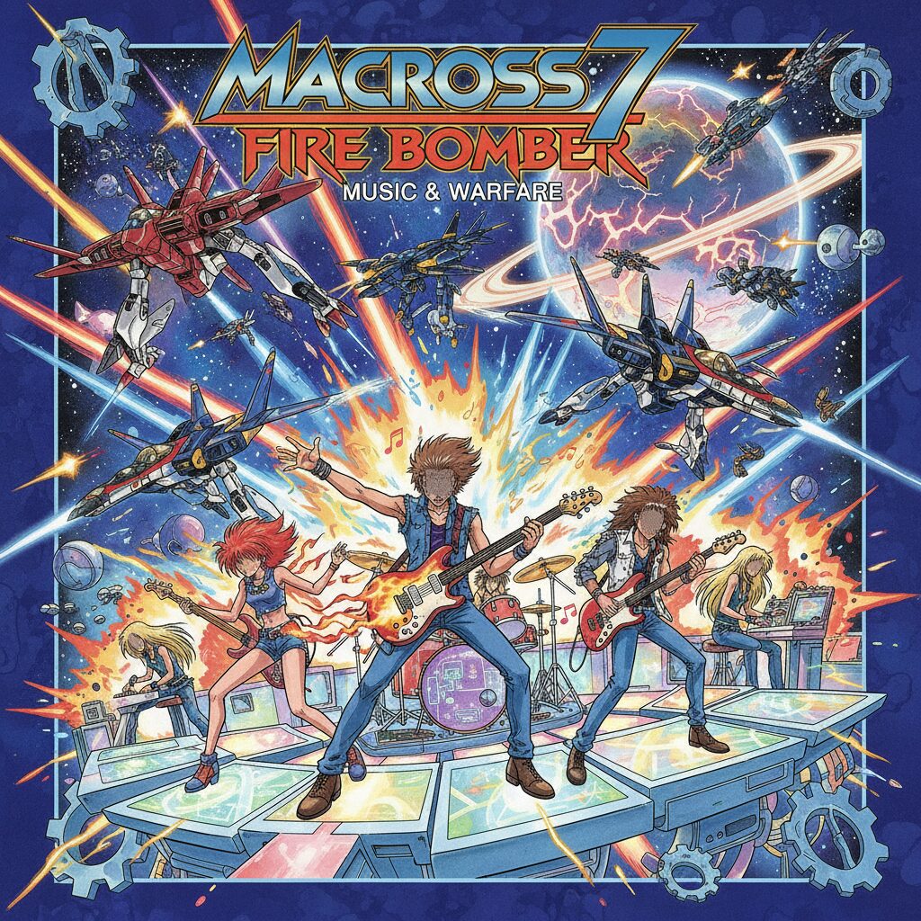 ヴァルキリーが飛行する戦場を背景に、ステージで熱唱するロックバンドのシルエット