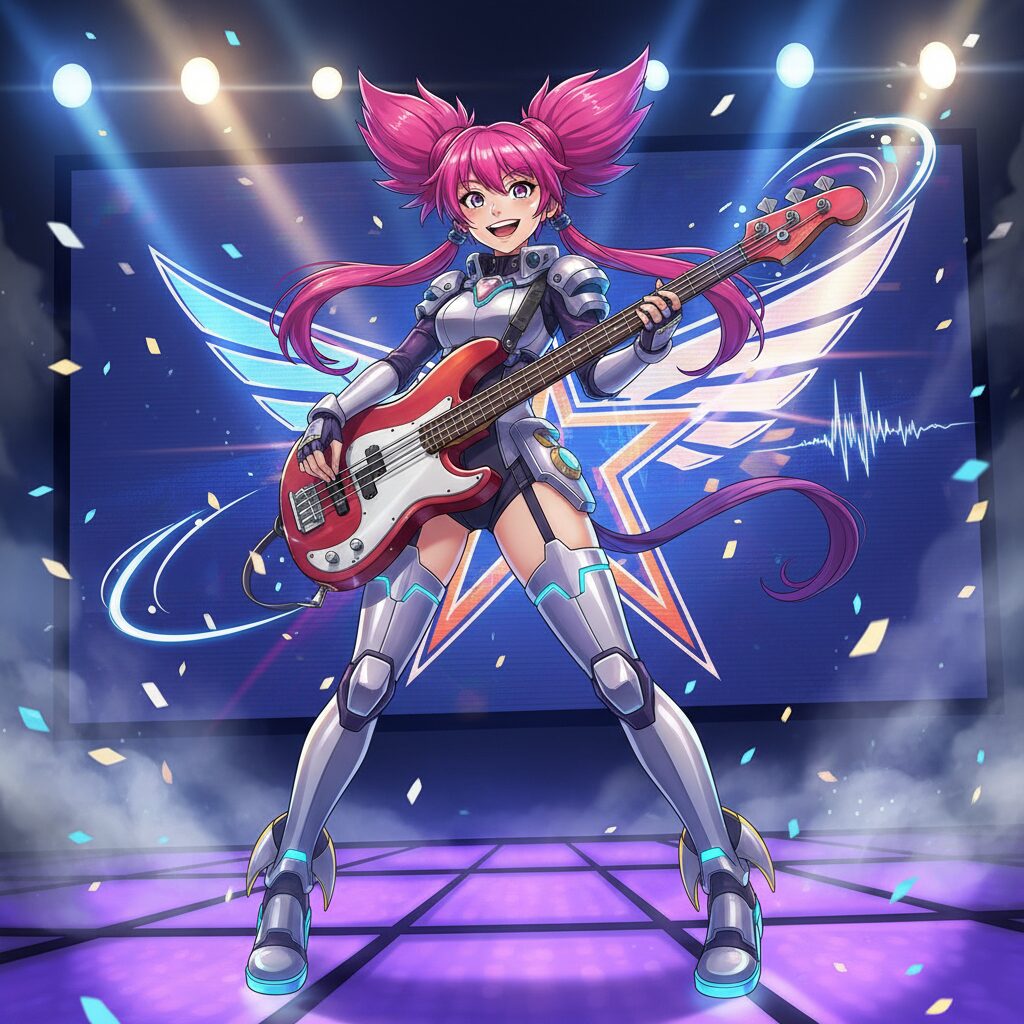 マクロス7のミレーヌ・ジーナスが赤いベースギターを弾きながら笑顔で歌う、エネルギーに満ちたイラスト。