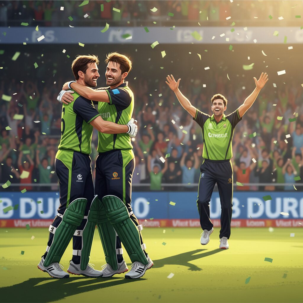 ニュージーランドのクリケット選手たちが歴史的な記録達成を祝い、勝利に歓喜するシーン。