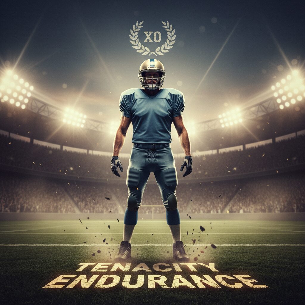 緑の芝生の上に立つ、ベテランサッカー選手の躍動感あるシルエット。