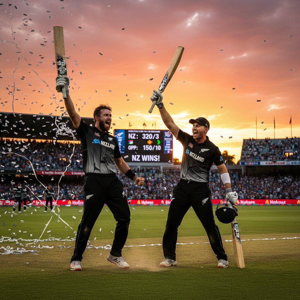 ニュージーランドのクリケット選手が歓喜する様子。スタジアムの鮮やかな緑のピッチと、夕焼けの空が背景にある。
