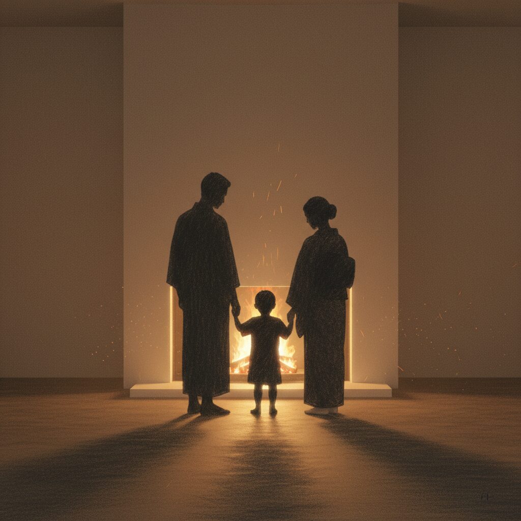 温かい家庭の雰囲気を表す、日本の著名な俳優とその家族のシルエット。