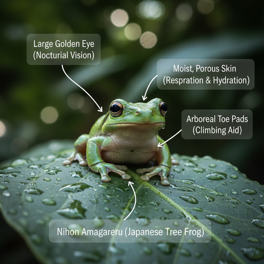 葉の上に座る鮮やかな緑色のニホンアマガエル。皮膚が湿っている様子。