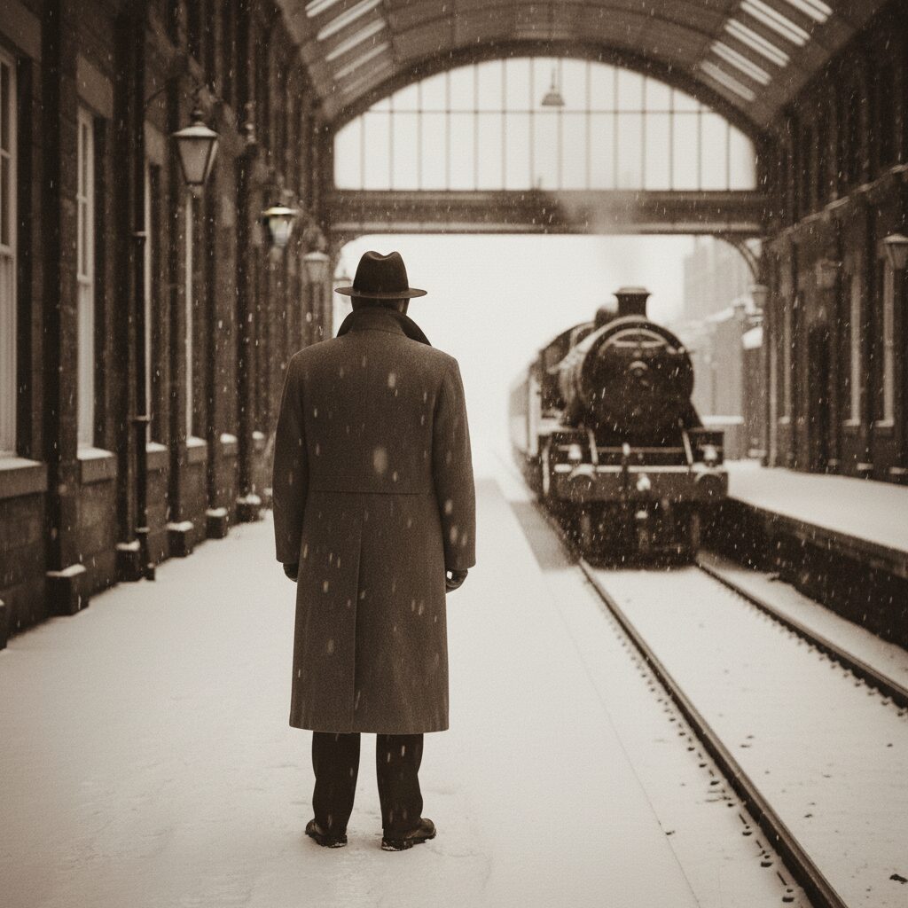 雪降る駅に立つ、コート姿の孤高の男性のシルエット。高倉健さんの映画『鉄道員（ぽっぽや）』を連想させる、静かで感動的な雰囲気の画像。