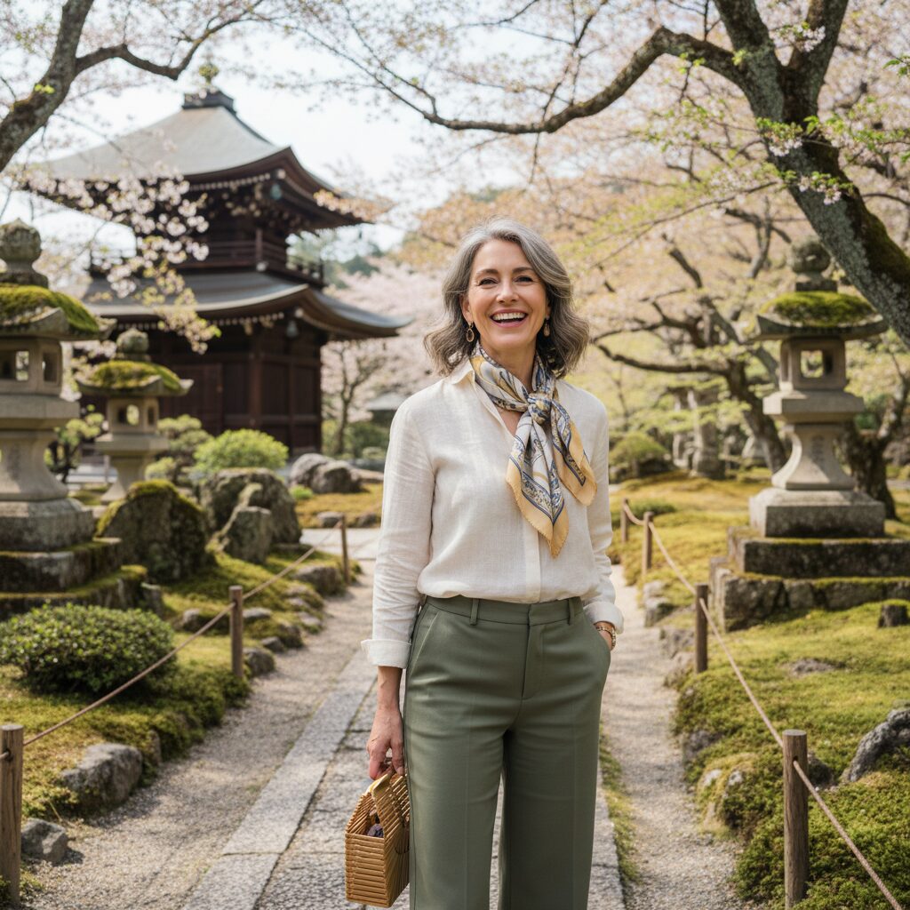 石田ひかりさんが和服でお寺の庭に立っている画像。穏やかな笑顔。