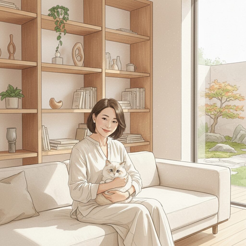 50代の日本人女性が猫を抱き、日当たりの良いリビングで穏やかに微笑む様子。充実した独身生活を象徴する画像。