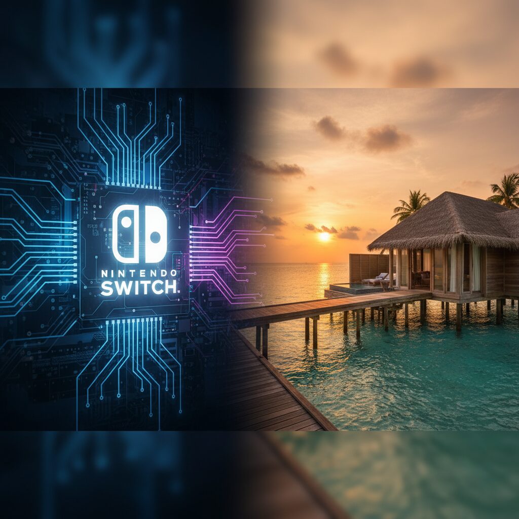 任天堂Switchのカスタムファームウェアとモルディブの豪華リゾートの雰囲気を対比させた画像