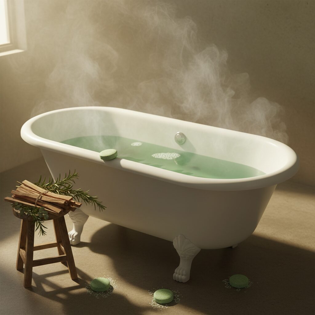 サイレントグリーンの湯色とサンダルウッドの香りのバブ入浴剤が並べられた、穏やかなバスルームの風景。