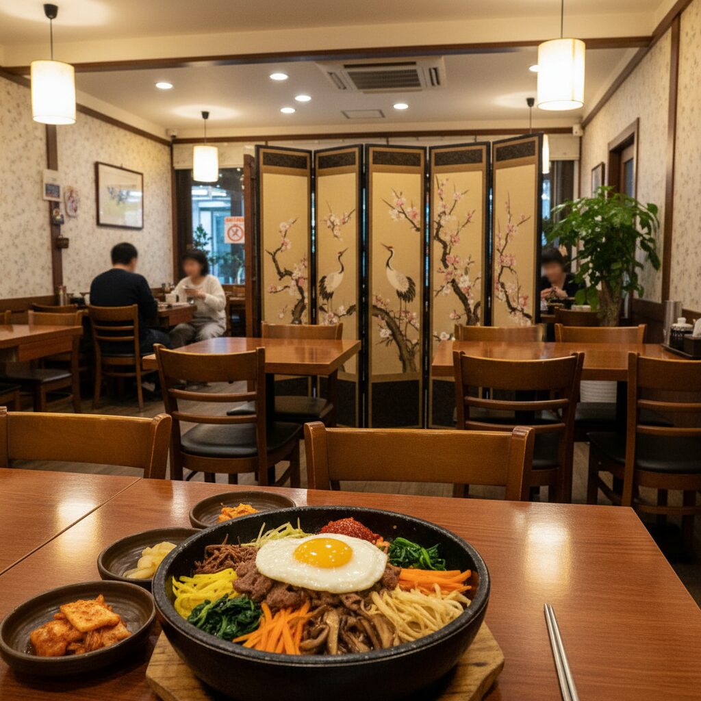 BabSang（バブサン）の温かい雰囲気の店内で、石焼ビビンバが中央に置かれた写真