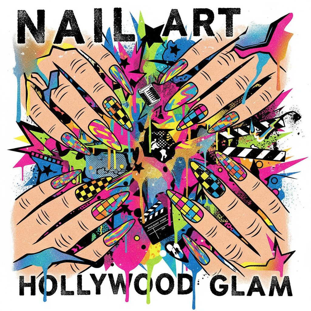 鮮やかな色彩と大胆なデザインが特徴の抽象的なネイルアートのイメージ