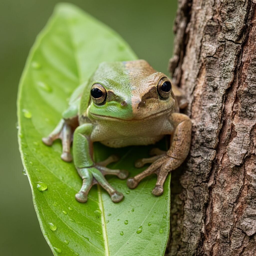 緑色の葉と茶色の樹皮の上に半分ずつ乗っている、体色を変化させている途中のニホンアマガエル。