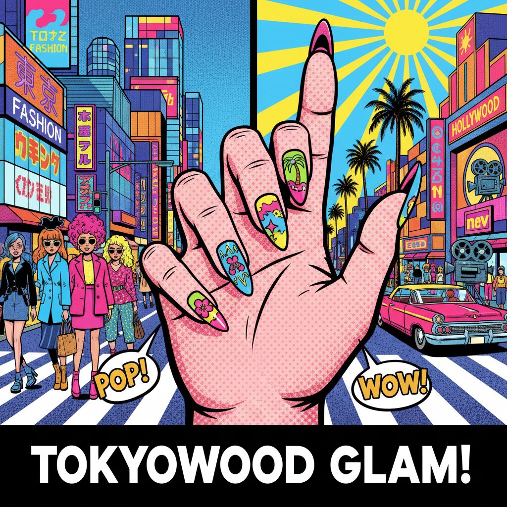 ポップでカラフルなネイルアートが施された手が、東京とロサンゼルスを象徴する背景に映る、エネルギー溢れるアート写真。