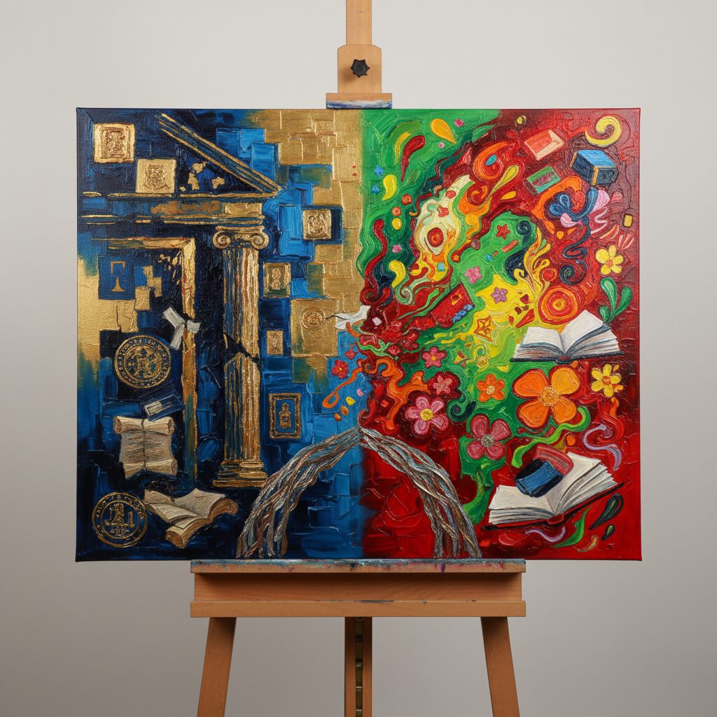 構造化された青い世界と自由な色彩の芸術世界が対比する抽象画。