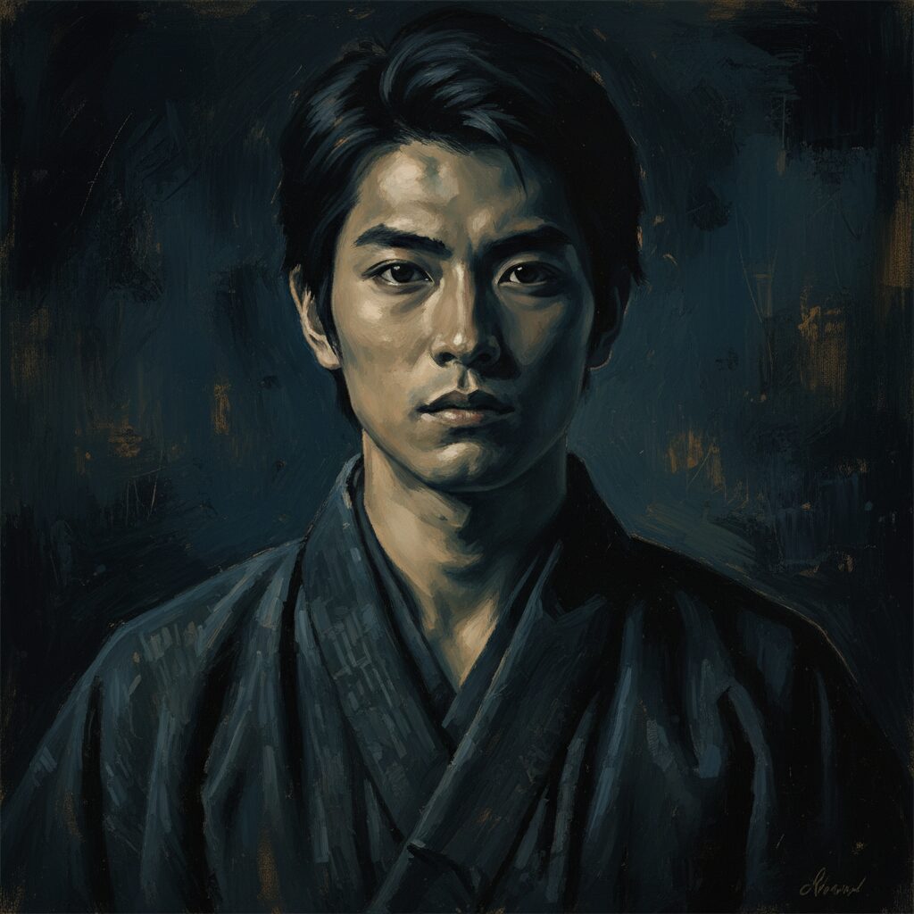 強い眼差しで遠くを見つめる俳優・寛一郎のモノクローム写真風ポートレート