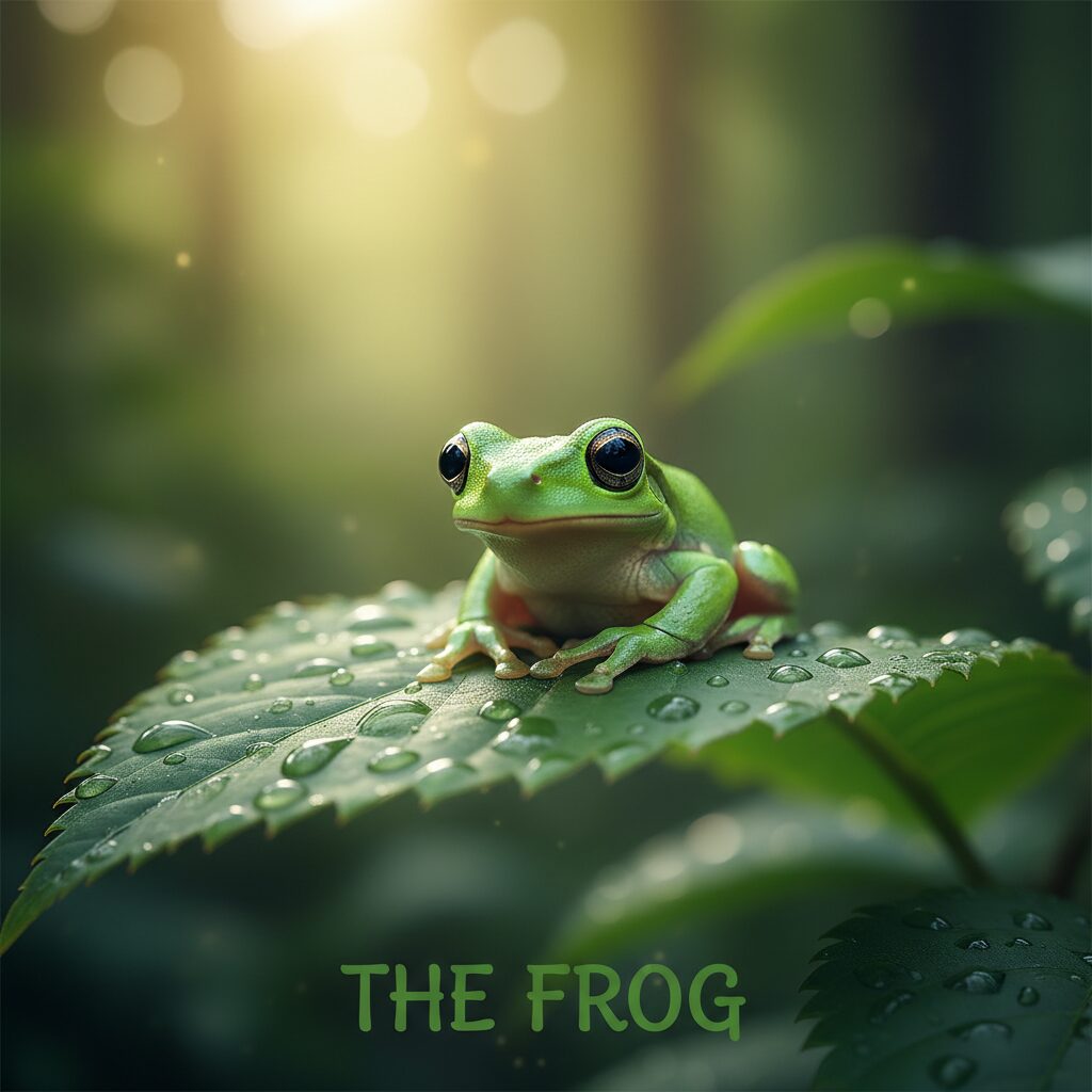 露のついた緑の葉の上に座る、愛らしいニホンアマガエル。