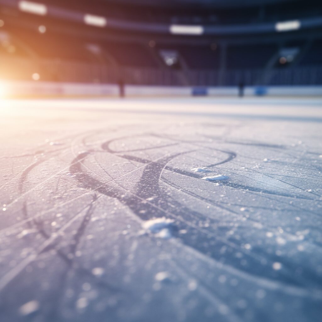 フィギュアスケートの氷上で輝く光と、それを支える温かい家族のイメージ