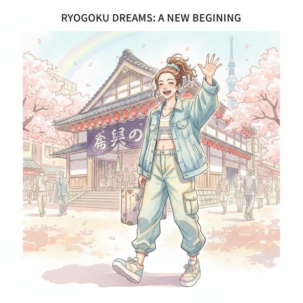 1990年代の東京・両国の相撲部屋の風景を背景にした、明るい笑顔の女性のイラスト。朝ドラ『ひらり』の温かい雰囲気を表現。