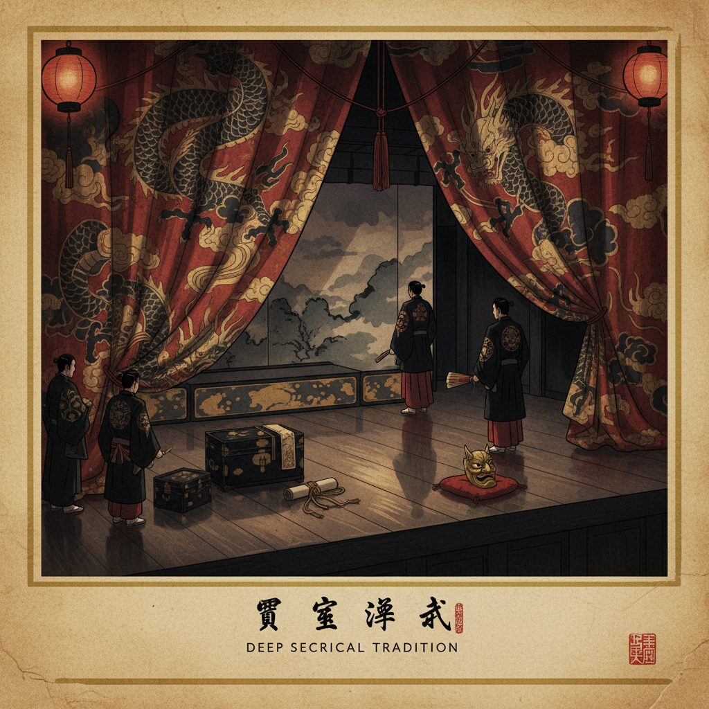 伝統的な歌舞伎の舞台を背景にした、重厚で秘密めいた雰囲気の和風イラスト。