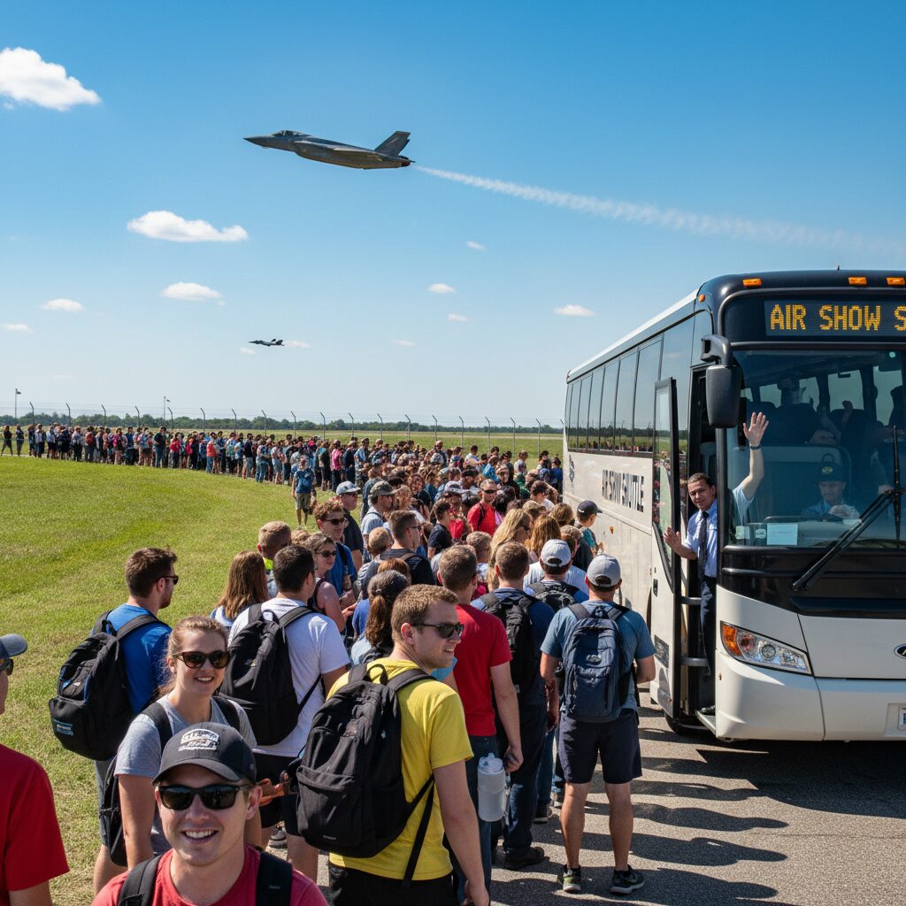 三沢基地航空祭でシャトルバスに並ぶ大勢の来場者と、遠景に見える航空機のシルエット。