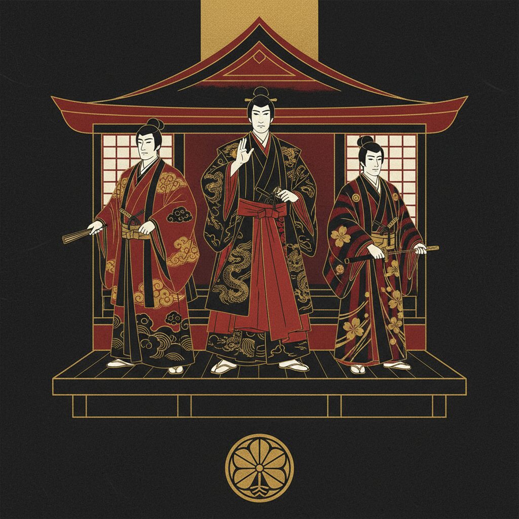 歌舞伎の高麗屋・松本幸四郎家の三世代の役者が並ぶ、重厚感のあるイラスト。