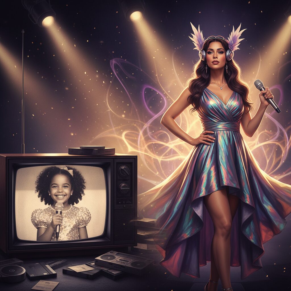 元子役の楯真由子さんが、Mayula名義で再出発した姿を表現したイメージ。過去のテレビ画面と現在のステージを融合。