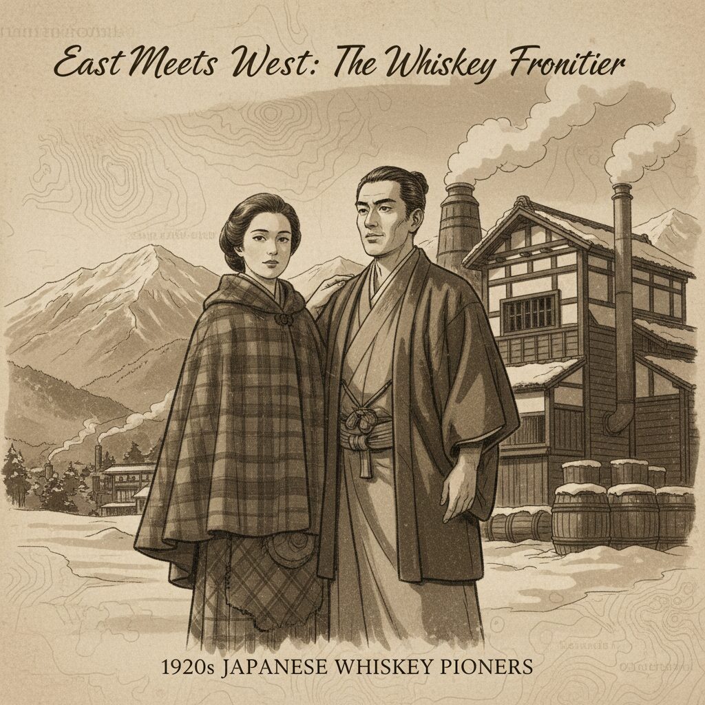 日本のウイスキー蒸留所を背景に、情熱的な日本人男性と彼を支えるスコットランド人妻が立つ、暖かみのあるイラスト。