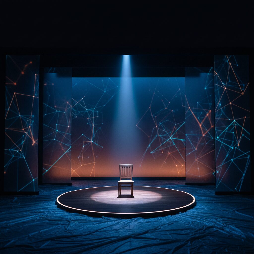 スポットライトに照らされた孤独を象徴する空の椅子がある、現代ミュージカルの舞台セット