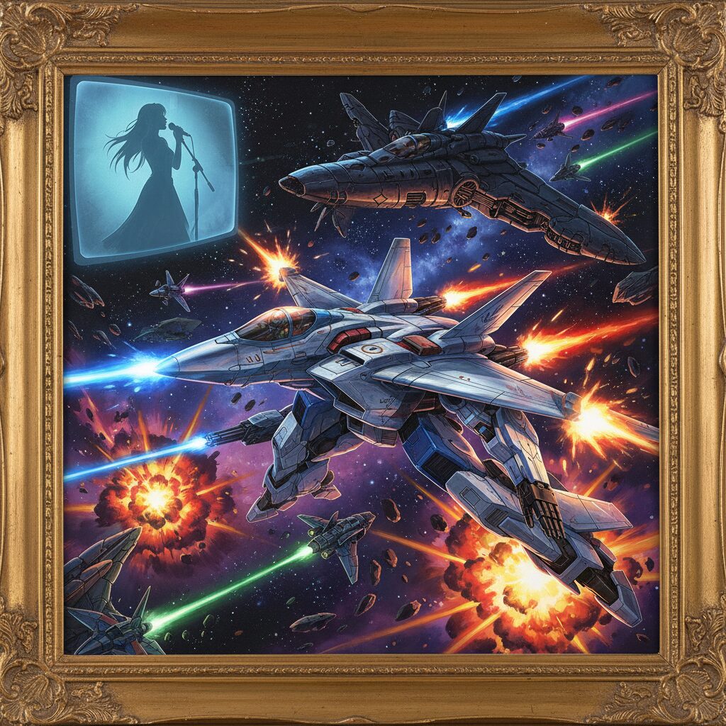 超時空要塞マクロス 愛・おぼえていますかのバルキリー戦闘シーンとリン・ミンメイのシルエットが重なる高解像度イラスト