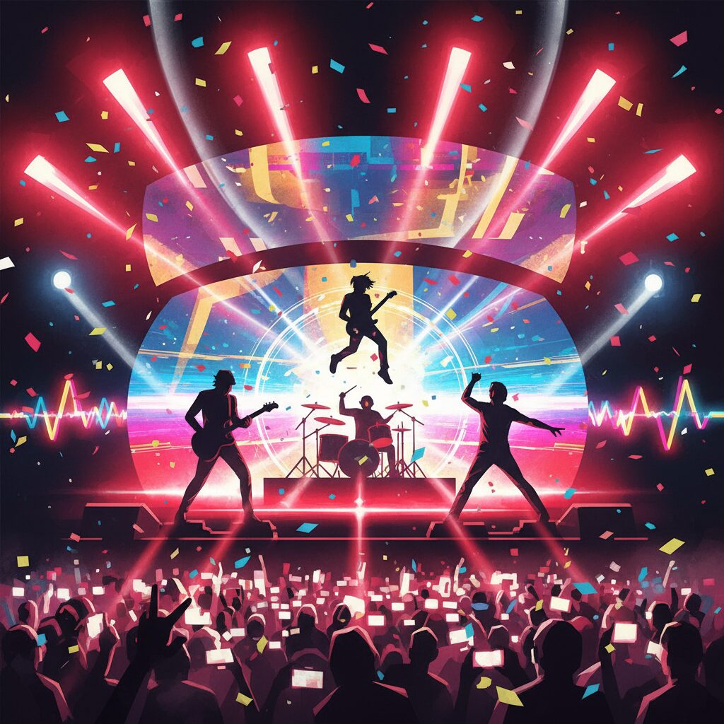 赤と白のライトで照らされた豪華なステージでパフォーマンスする、多様なアーティストのシルエット