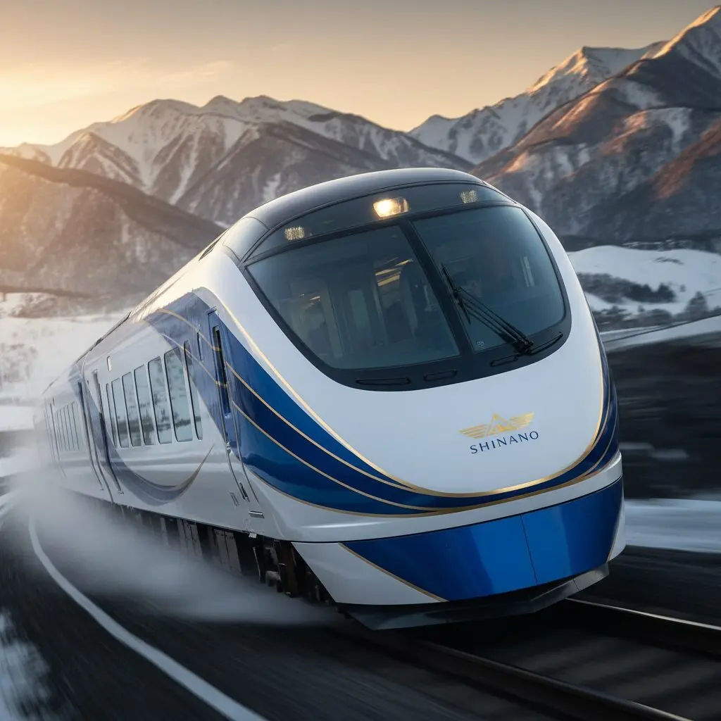 JR東海の新型特急車両385系が、雪をかぶったアルプスの山々を背景に疾走するイメージ。