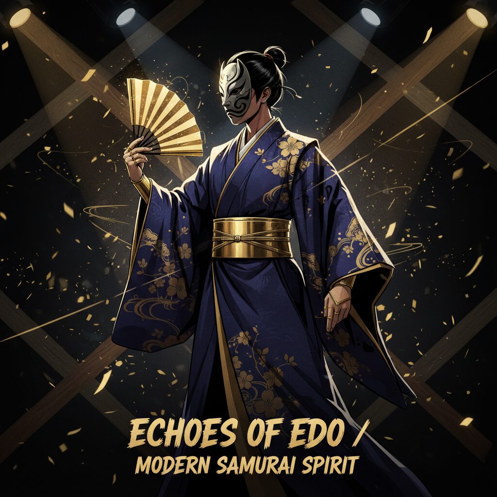 若々しい歌舞伎俳優がモダンな衣装でポーズを取っている、深藍と金色のコントラストが美しい抽象的なイメージ。