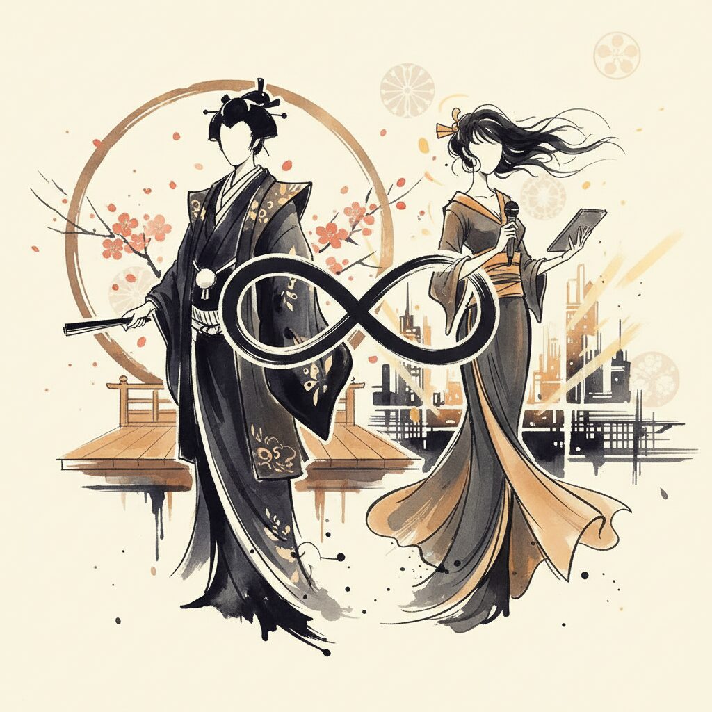 伝統的な舞台芸術の背景を背にした、強い絆で結ばれた兄と妹を象徴する抽象的なイラスト。