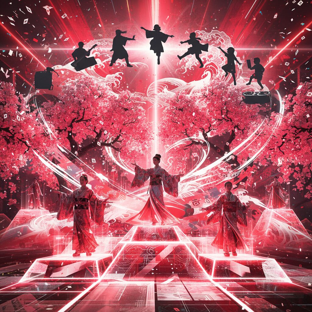 紅白歌合戦の華やかなステージをイメージした、赤と白の光が交差する未来的なデザインの画像。