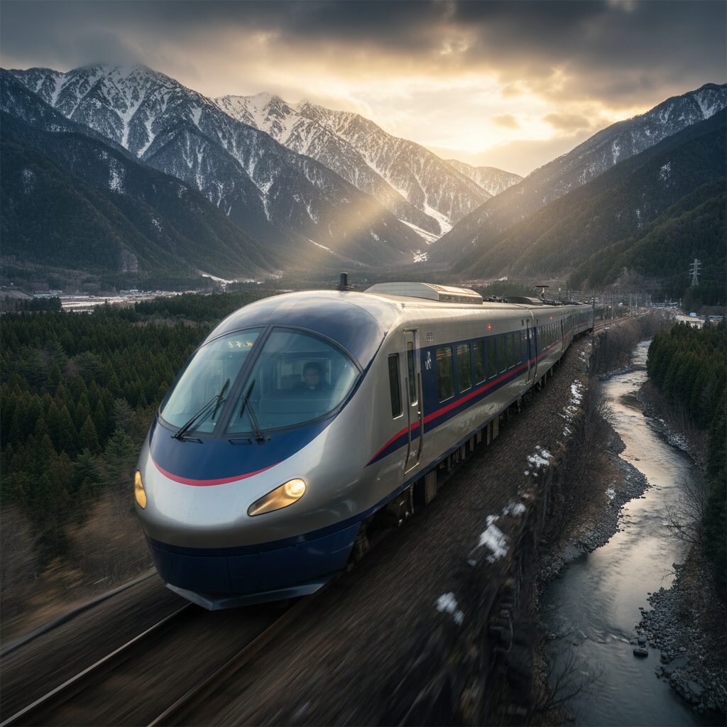 JR東海の新型特急車両385系「しなの」が、緑豊かな山間を高速で走行する様子。先頭車は前面展望が可能な流線型デザイン。