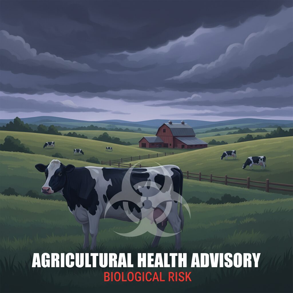 鳥インフルエンザH5N1の感染拡大を示唆する、暗い空の下の牧場と牛のシルエット