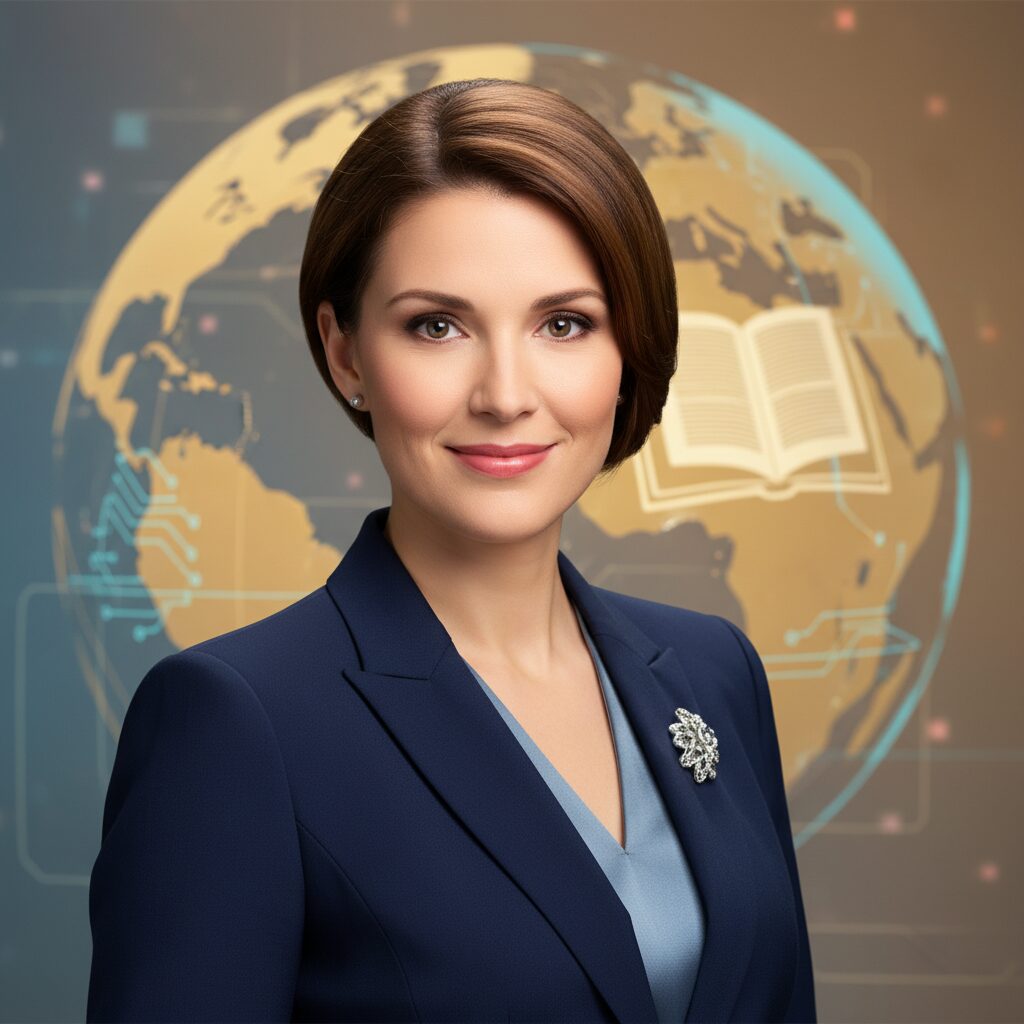 知的なビジネスファッションに身を包んだ女性ニュースキャスターのポートレート。背景にはグローバルな知識を象徴する抽象的なモチーフが描かれている。
