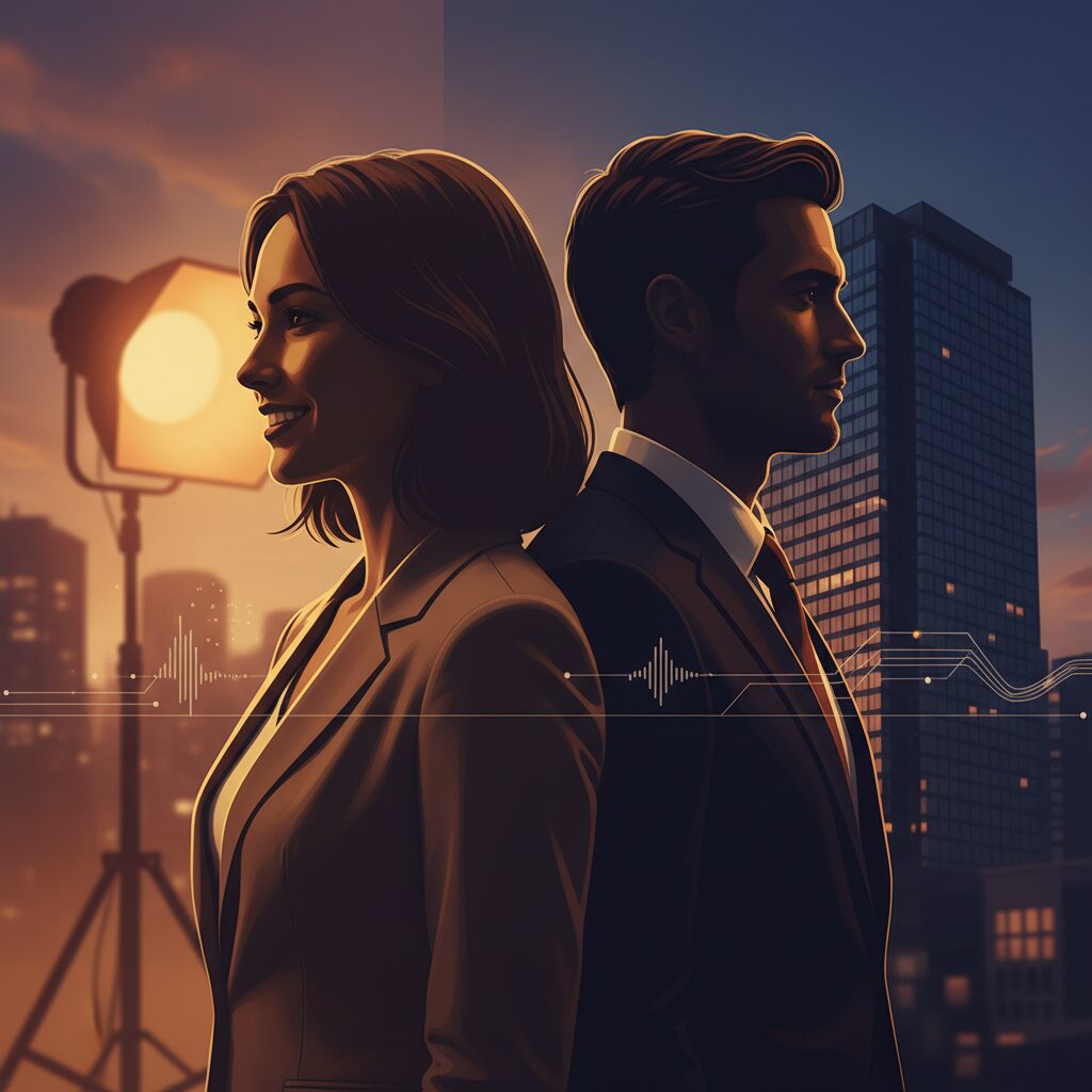 プロフェッショナルな女性とビジネスマンが並んで微笑む、成功した夫婦像を象徴するイラスト