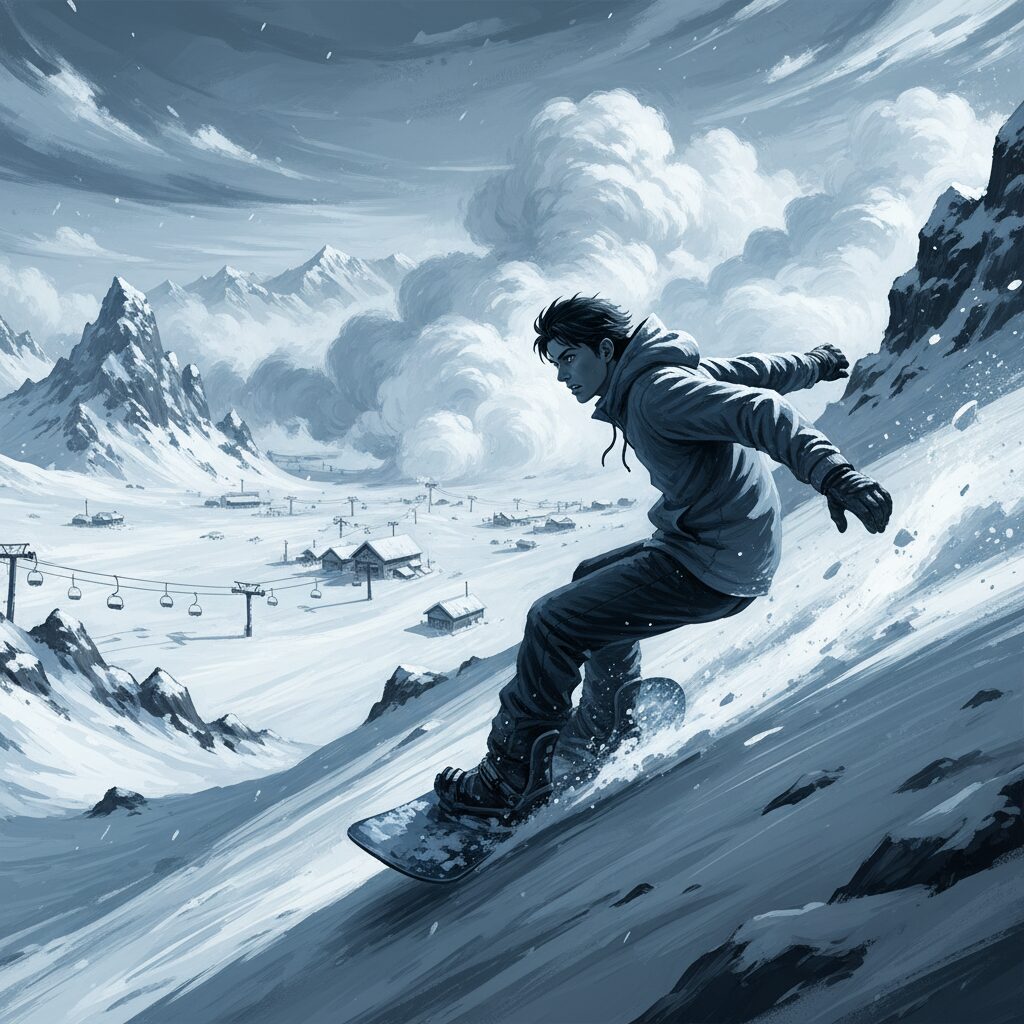 東野圭吾『雪煙チェイス』をイメージした、雪煙を上げて滑走するスノーボーダーのシルエット。