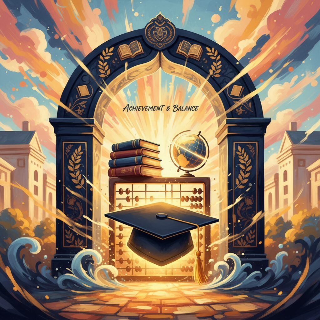 明治学院大学を思わせる歴史的な校舎と、卒業の喜びを表す学士帽のイメージ