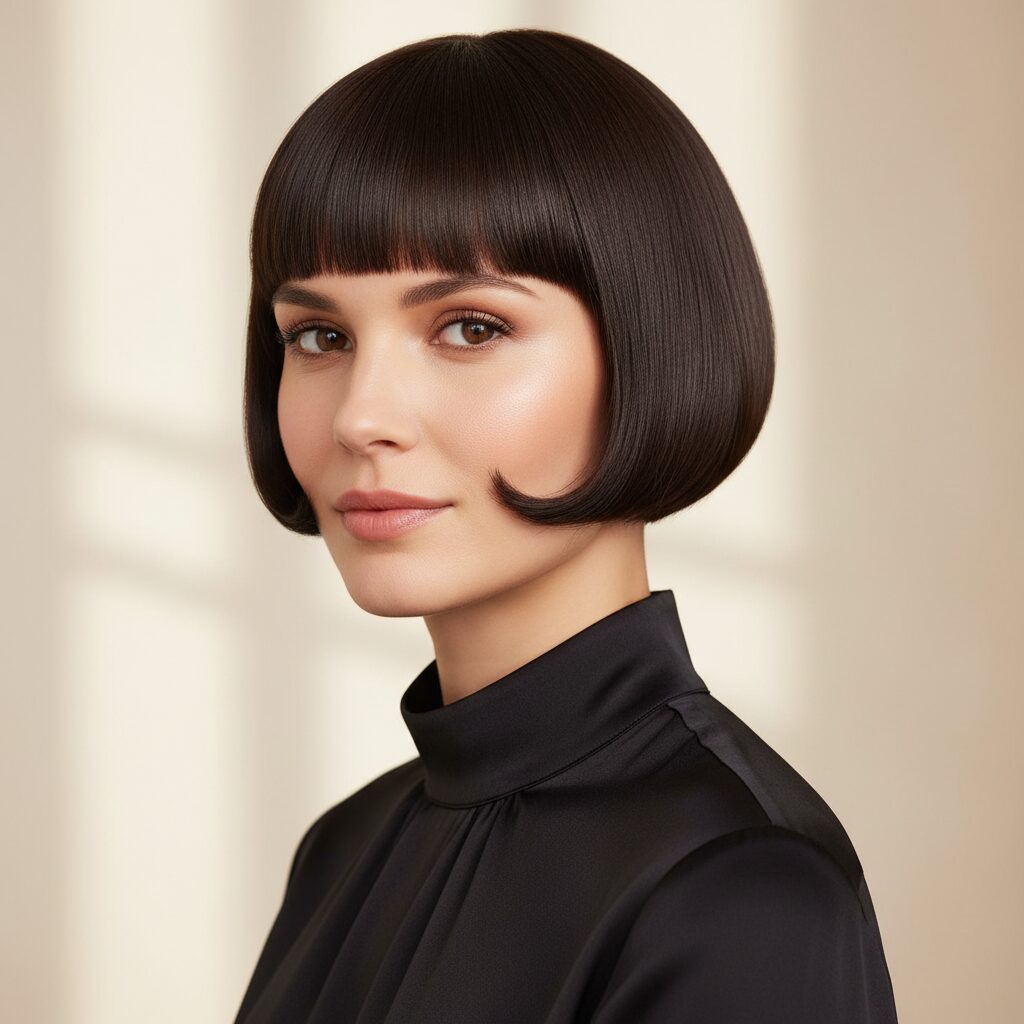 洗練された大人の女性がコンパクトなマッシュショートヘアで微笑んでいる画像。