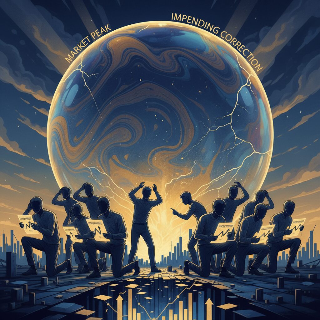 巨大な経済バブルが今にも崩壊しそうな緊迫した様子のイラスト。