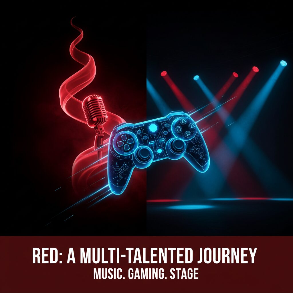 赤と青のライトが交錯するステージをイメージした抽象的なデザイン。音楽とeスポーツを象徴する要素が融合している。