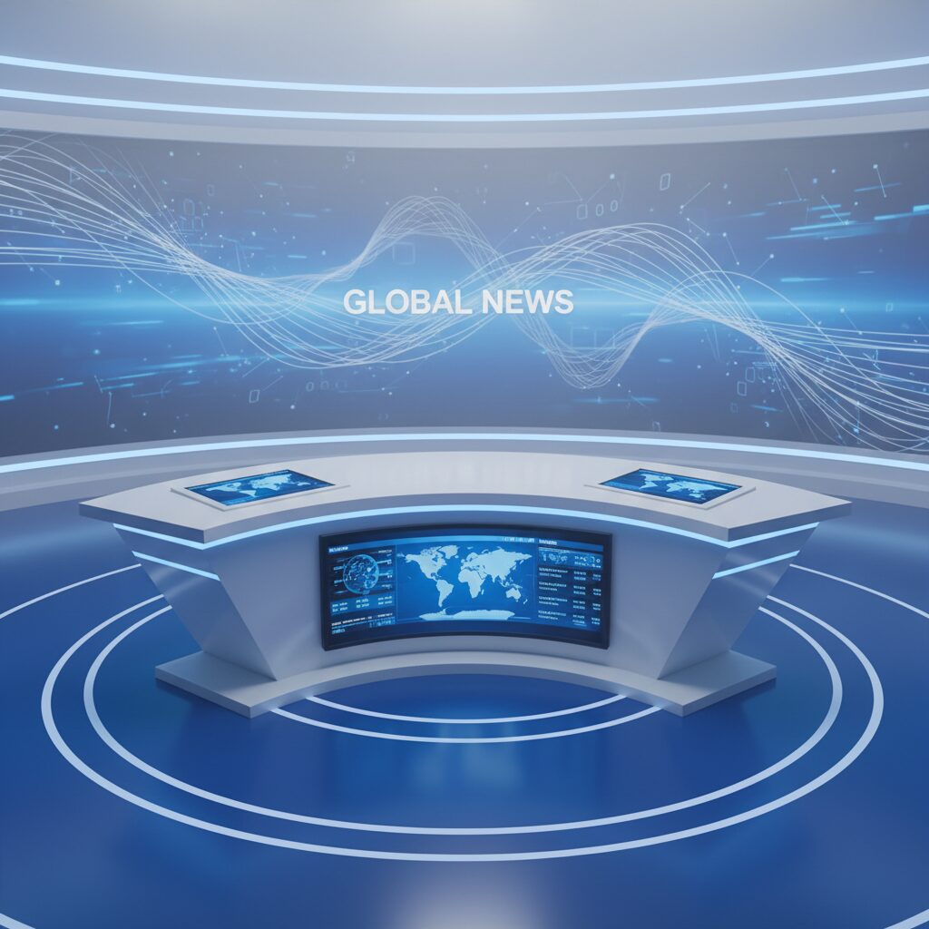 プロフェッショナルな女性アナウンサーのイメージとニューススタジオの風景