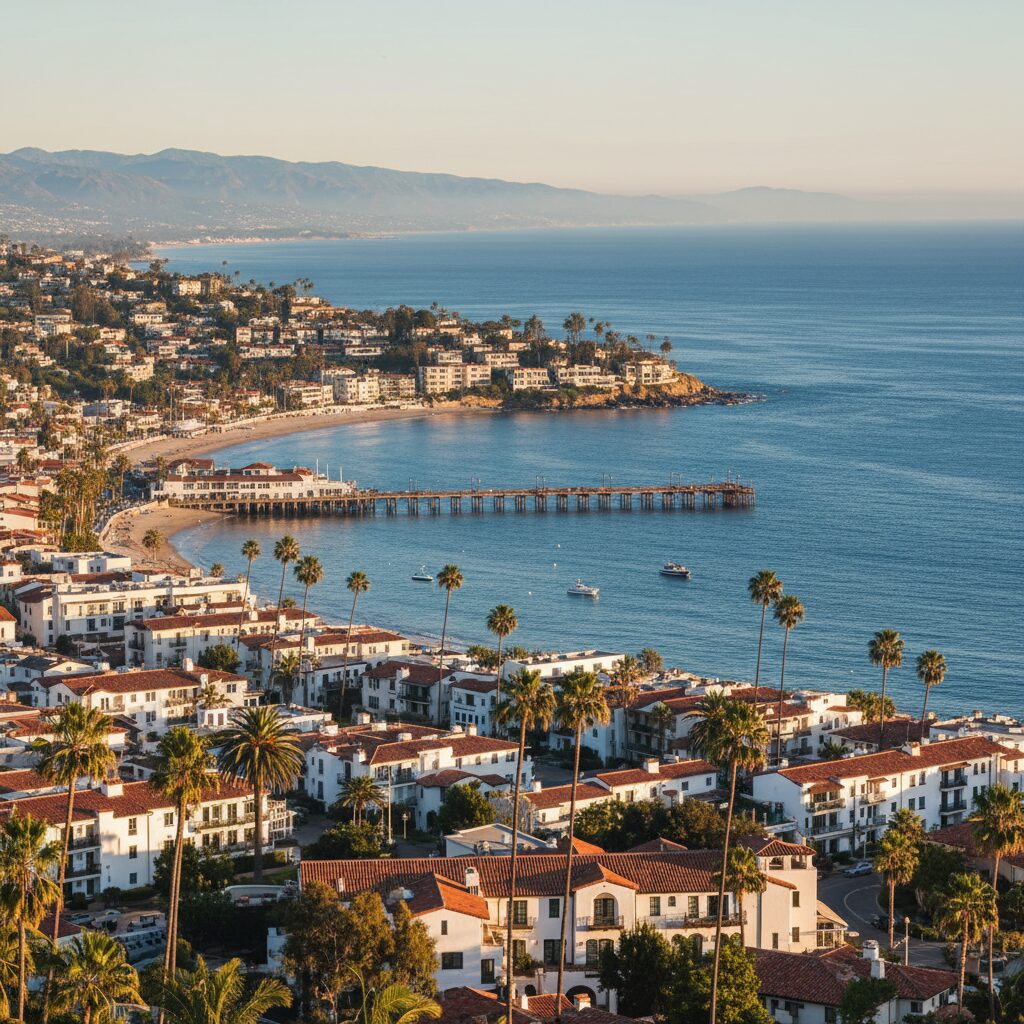 白い壁と赤瓦の屋根が美しいサンタバーバラの街並みと、青い海に伸びるステーンズ・ワーフの風景。