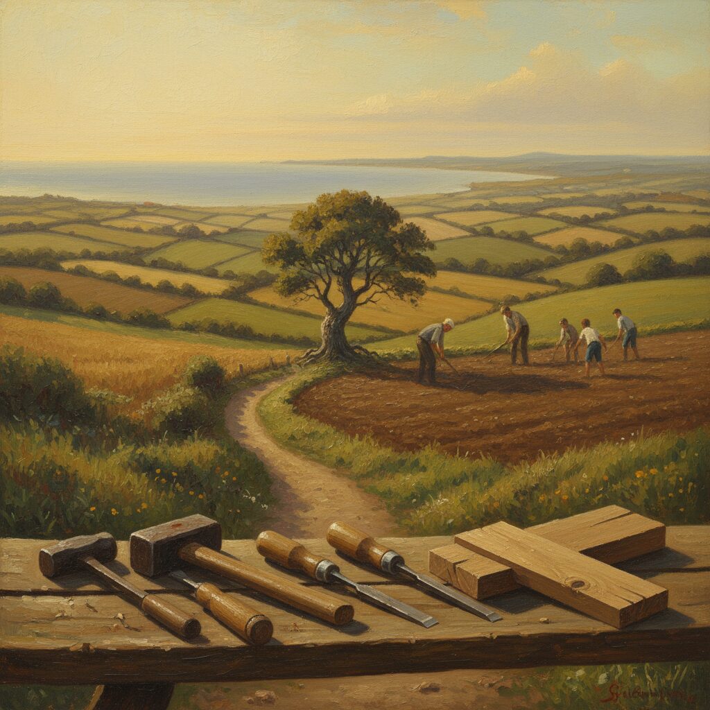 雄大な自然の中で、使い込まれた道具と新しい挑戦の象徴が共存している画像。鉄腕DASHの番組継続と世代交代を表現。