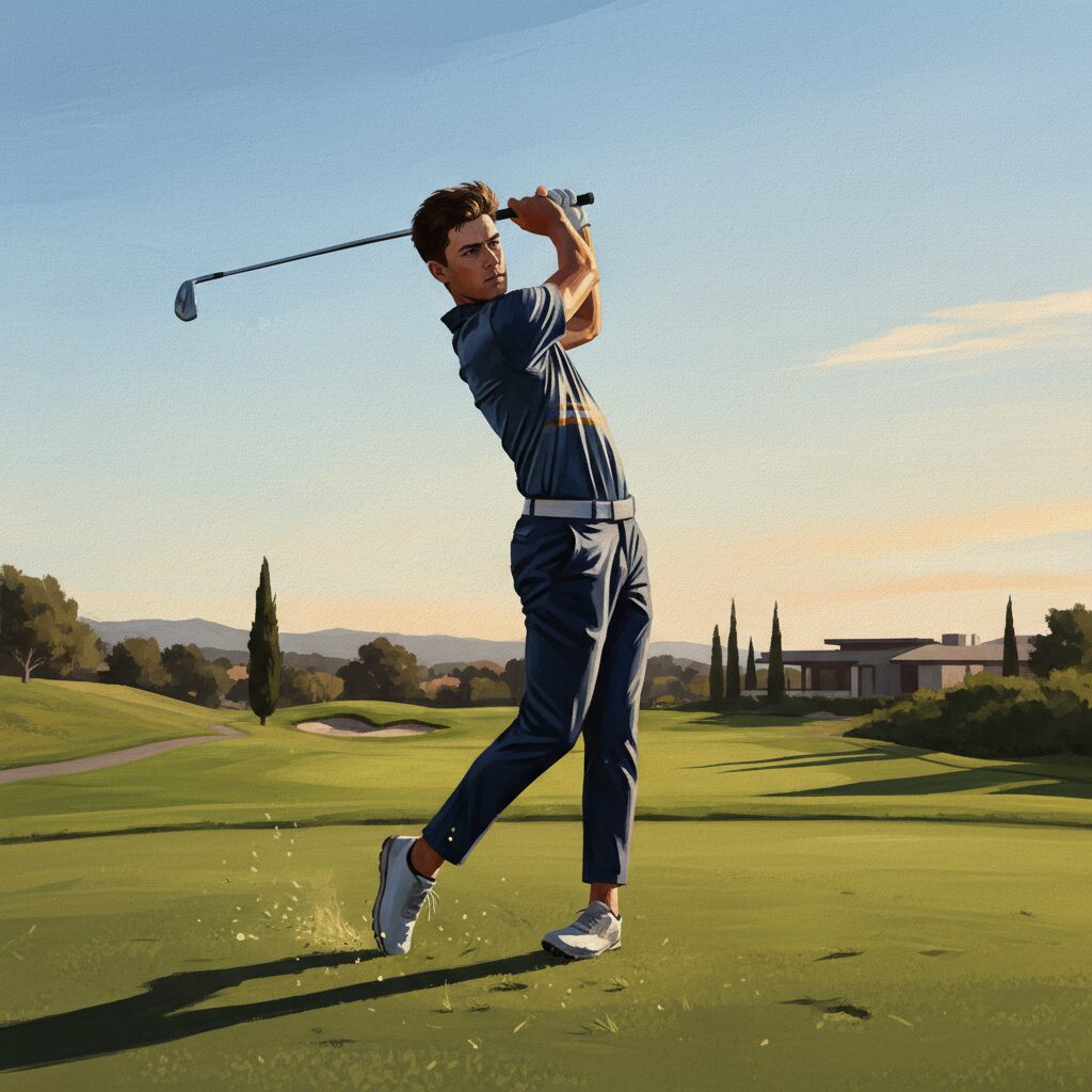 プロゴルファー丸山奨王（ショーン）選手がゴルフ場で力強くスイングする瞬間